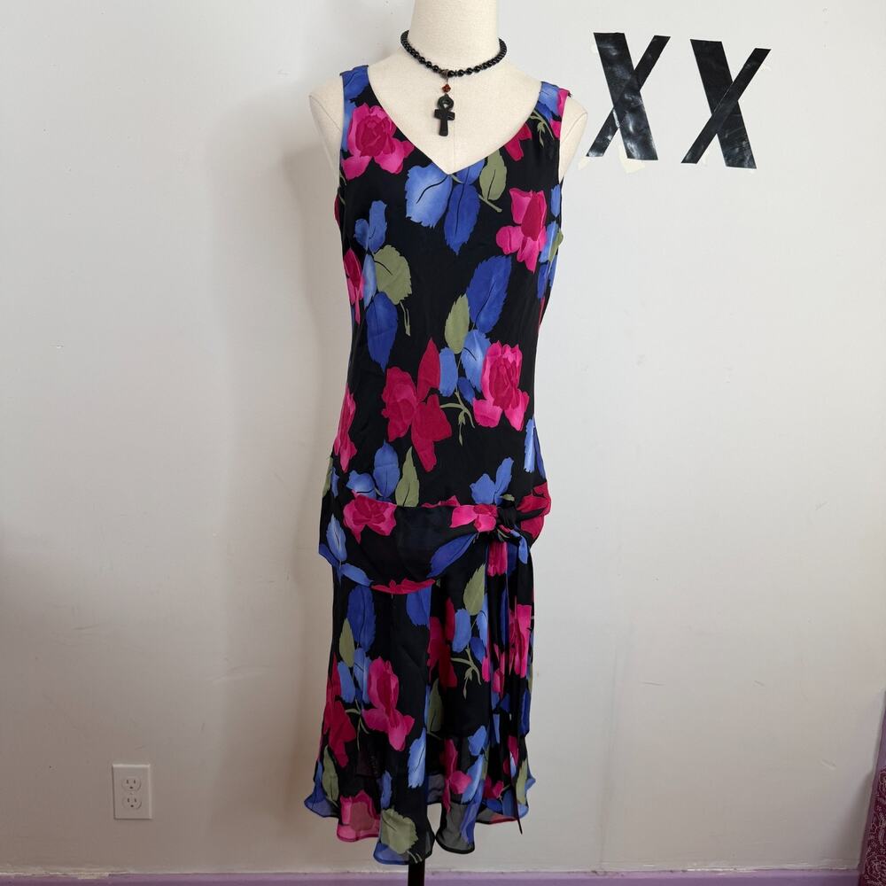 Vintage 90s Evan-Picone Black Rose Floral Rayon Drop Waist Gatsby Dress 10